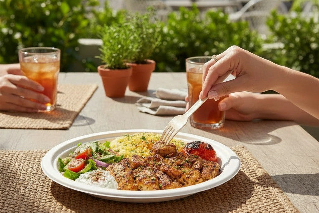 Food Packaging Direct 10-inch round bagasse plate holding a meal with grilled chicken and salad on an outdoor table.