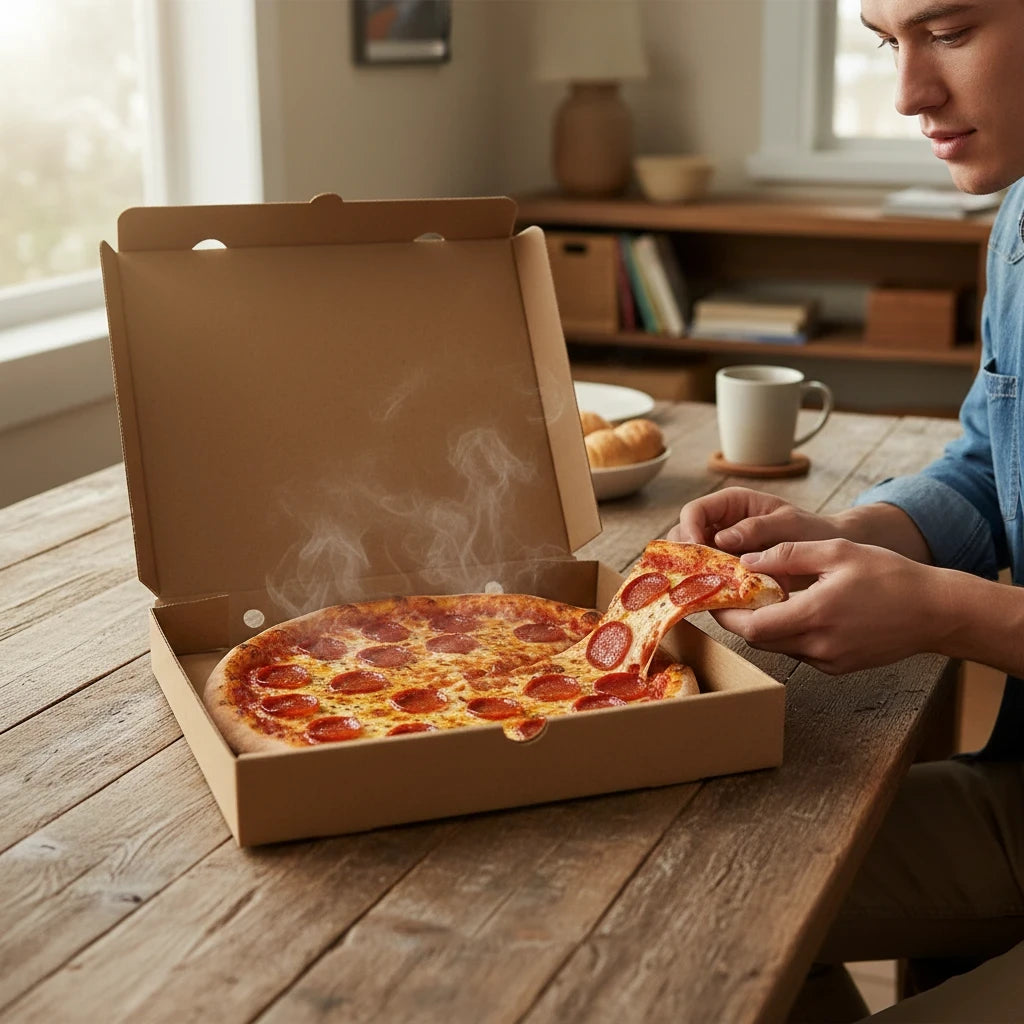 Food Packaging Direct 12-inch plain brown cardboard pizza box with a steaming pepperoni pizza on a wooden table