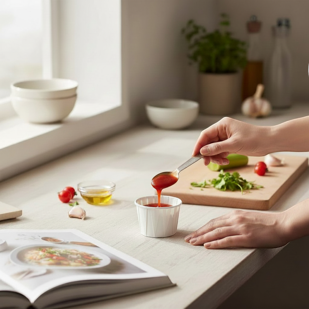 Food Packaging Direct 1oz white paper souffle cup being filled with sauce in a bright kitchen setting