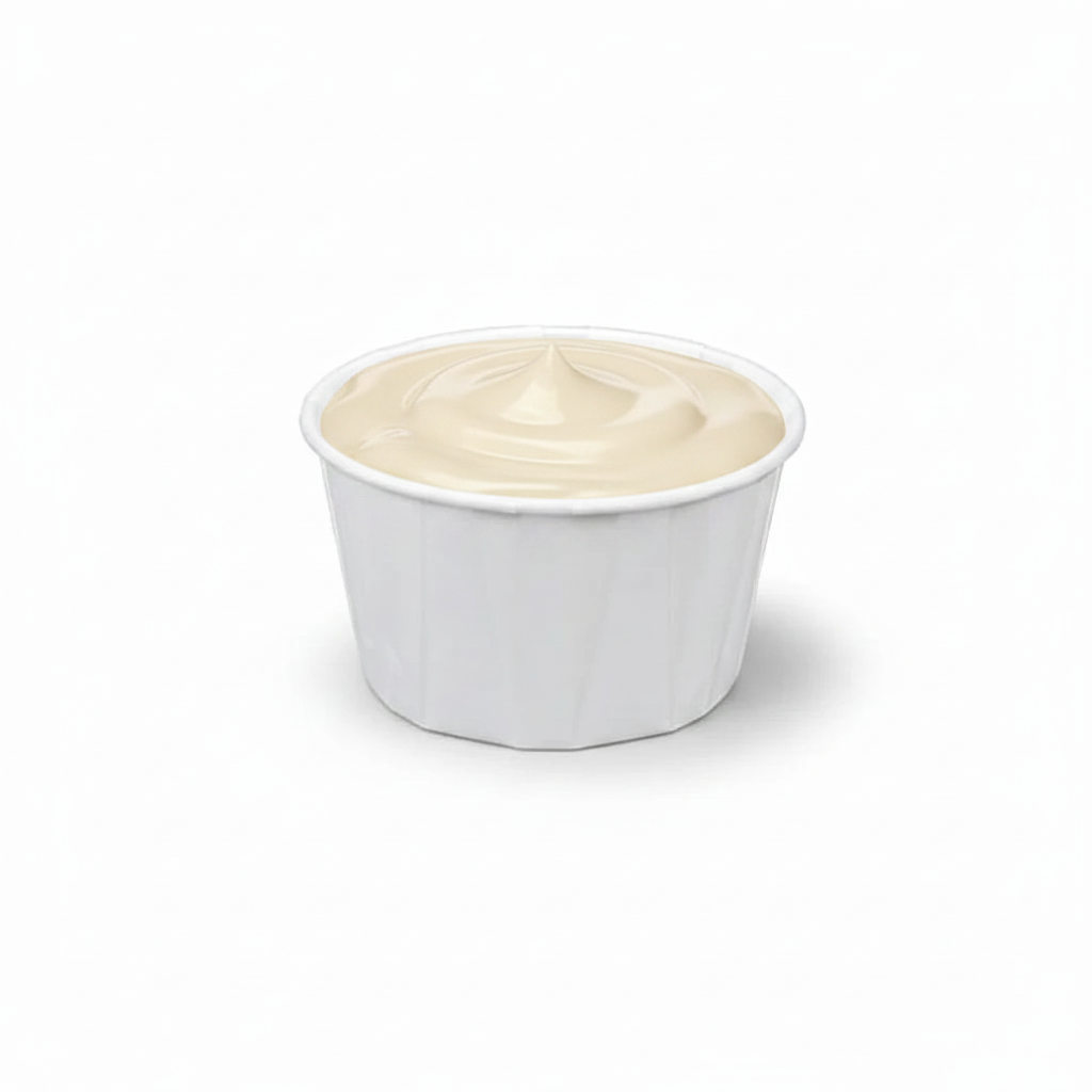 Food Packaging Direct 2oz white paper souffle portion cup filled with creamy condiment against a white background