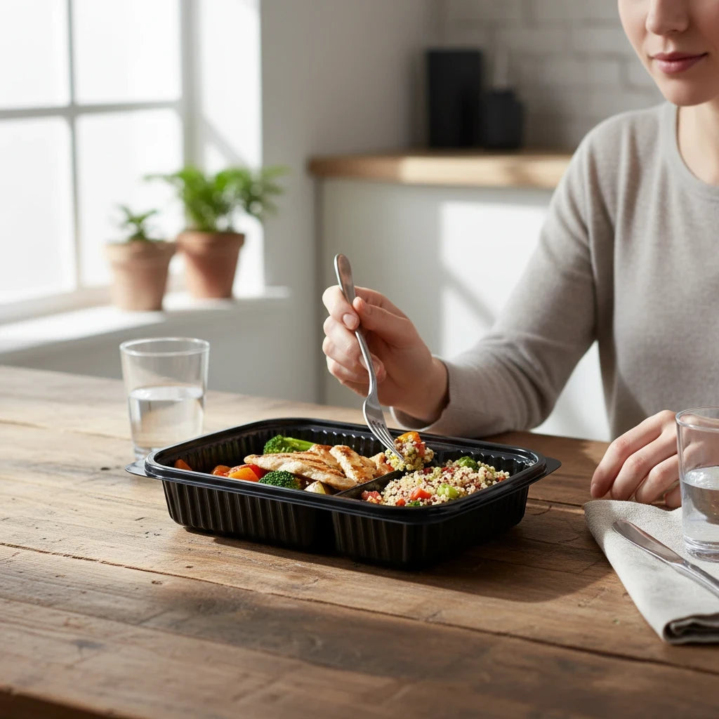 Food Packaging Direct black 2-compartment microwavable container with a meal being eaten at a wooden table