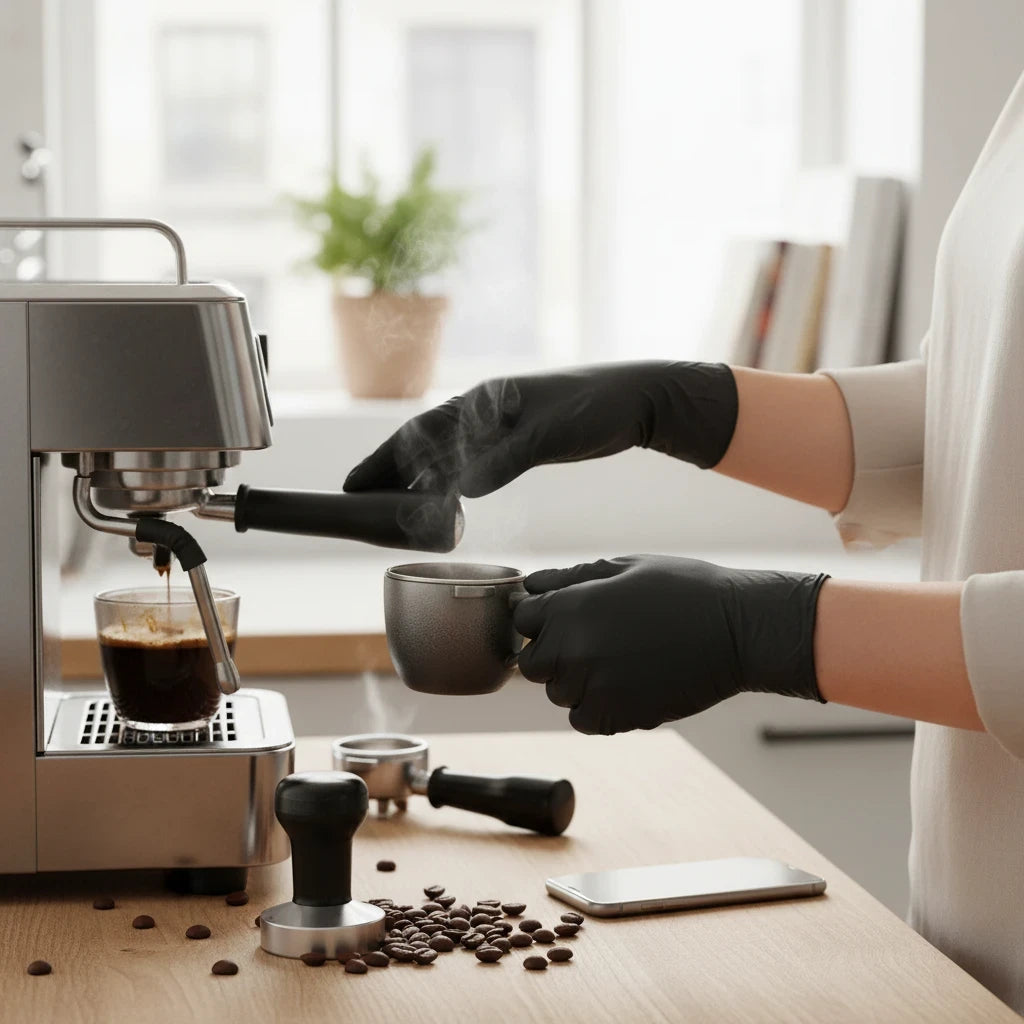 Food Packaging Direct black nitrile powder-free gloves worn by a barista preparing espresso in a kitchen setting.