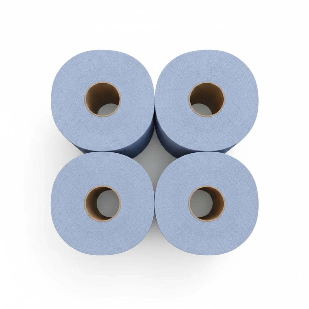 Four Food Packaging Direct blue embossed 2-ply centrefeed paper rolls for cleaning and spill absorption