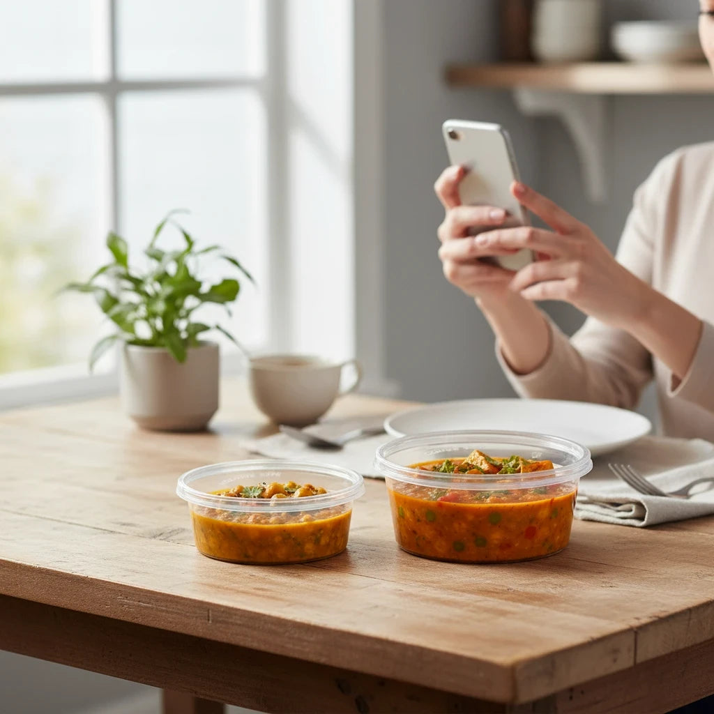 Food Packaging Direct clear plastic round containers with lids holding food on a wooden table in a home setting