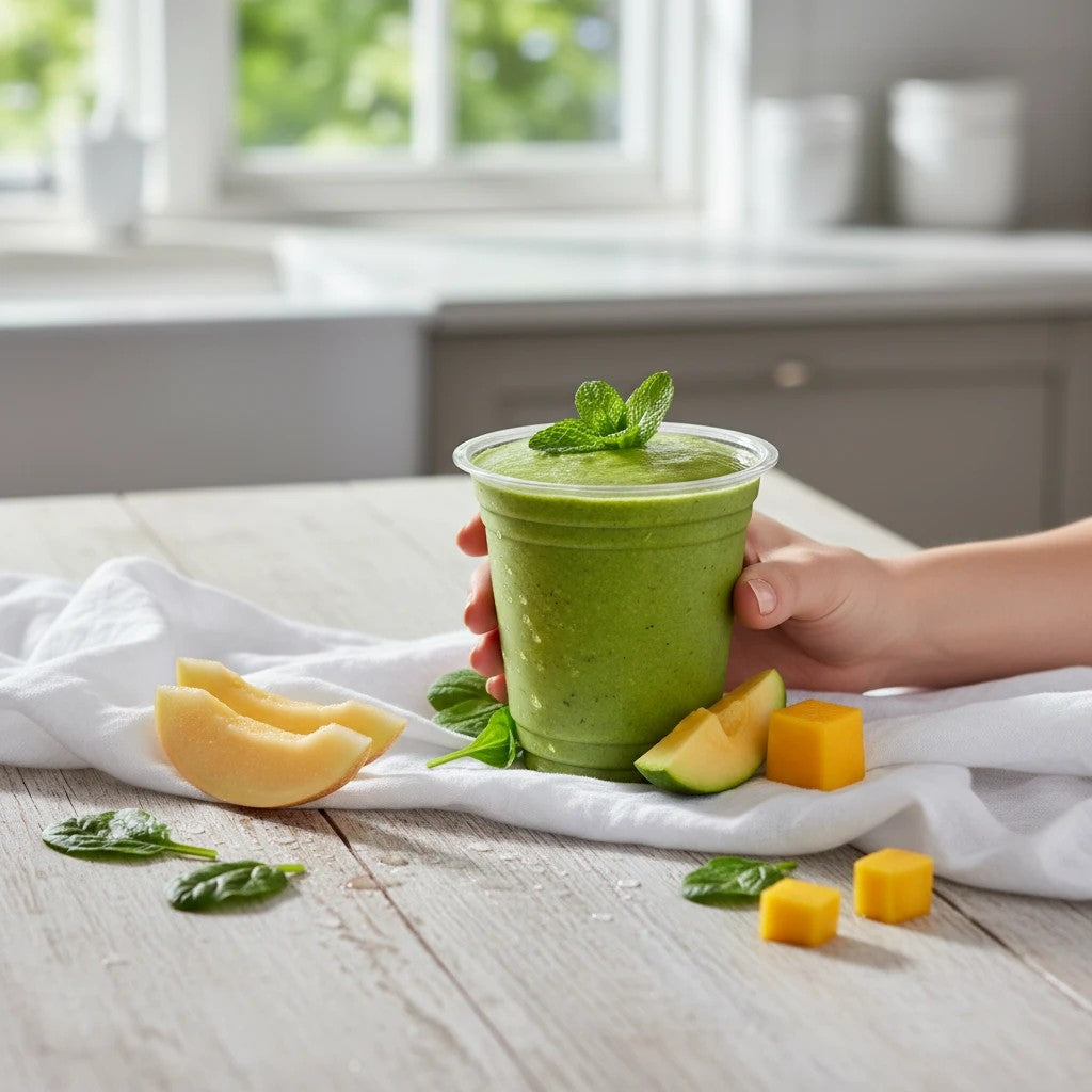 Food Packaging Direct clear rPET smoothie cup filled with a green drink, garnished with mint on a rustic table.