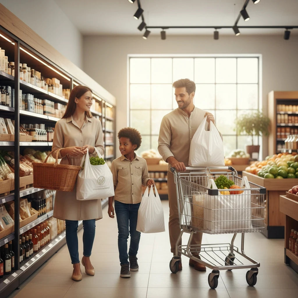 Family shopping in a grocery store using Food Packaging Direct white plastic vest carrier bags for their groceries.