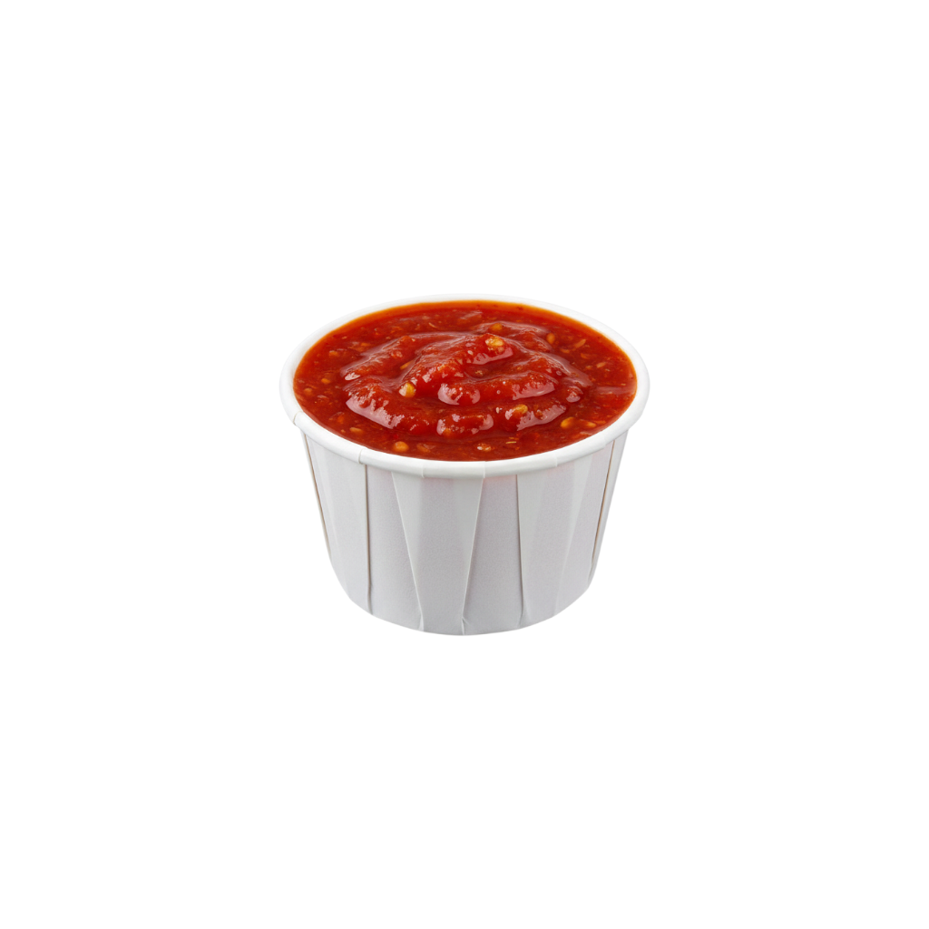 Food Packaging Direct 1oz white paper souffle cup filled with red condiment sauce, featuring a rolled rim design.