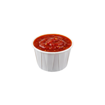 Food Packaging Direct 1oz white paper souffle cup filled with red condiment sauce, featuring a rolled rim design.