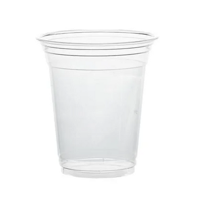 A clear plastic cup with a flared rim, shown on a plain white background.