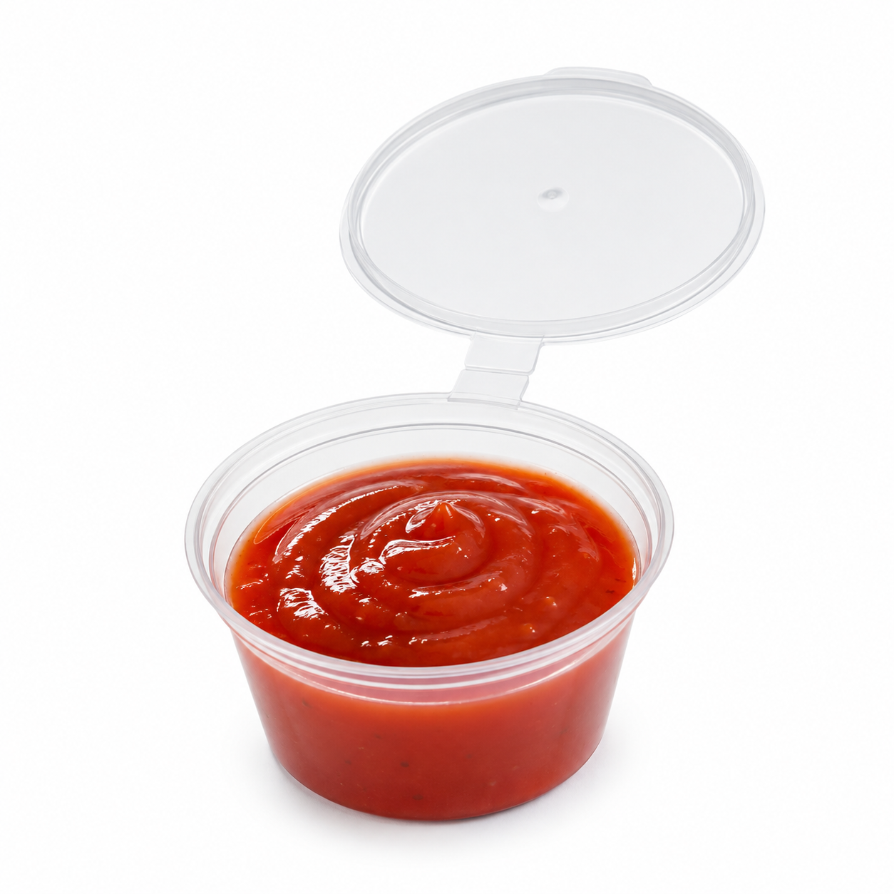 1oz clear hinged condiment pot filled with tomato ketchup, ideal for takeaway sauces and dips.