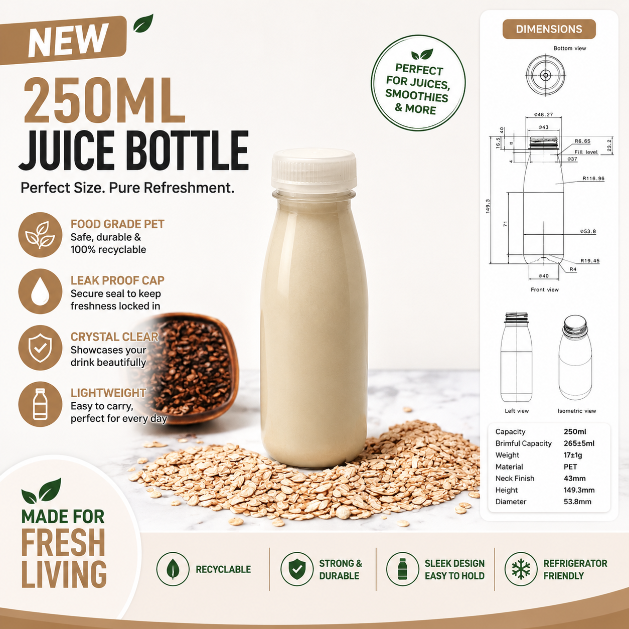 250ml clear PET juice bottle promotional banner featuring oat milk, rolled oats, bottle dimensions and key product features.