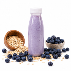 250ml clear PET juice bottle filled with oat milk and blueberry smoothie, displayed with rolled oats and fresh blueberries on a white background.