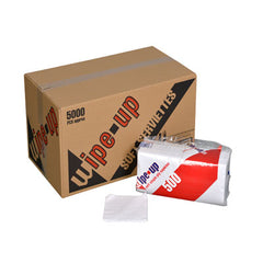 A brown cardboard box of 'Wipe-up Supplies 5000 PCS ' with several individually wrapped packs of white 1ply napkins placed in front on a white background.