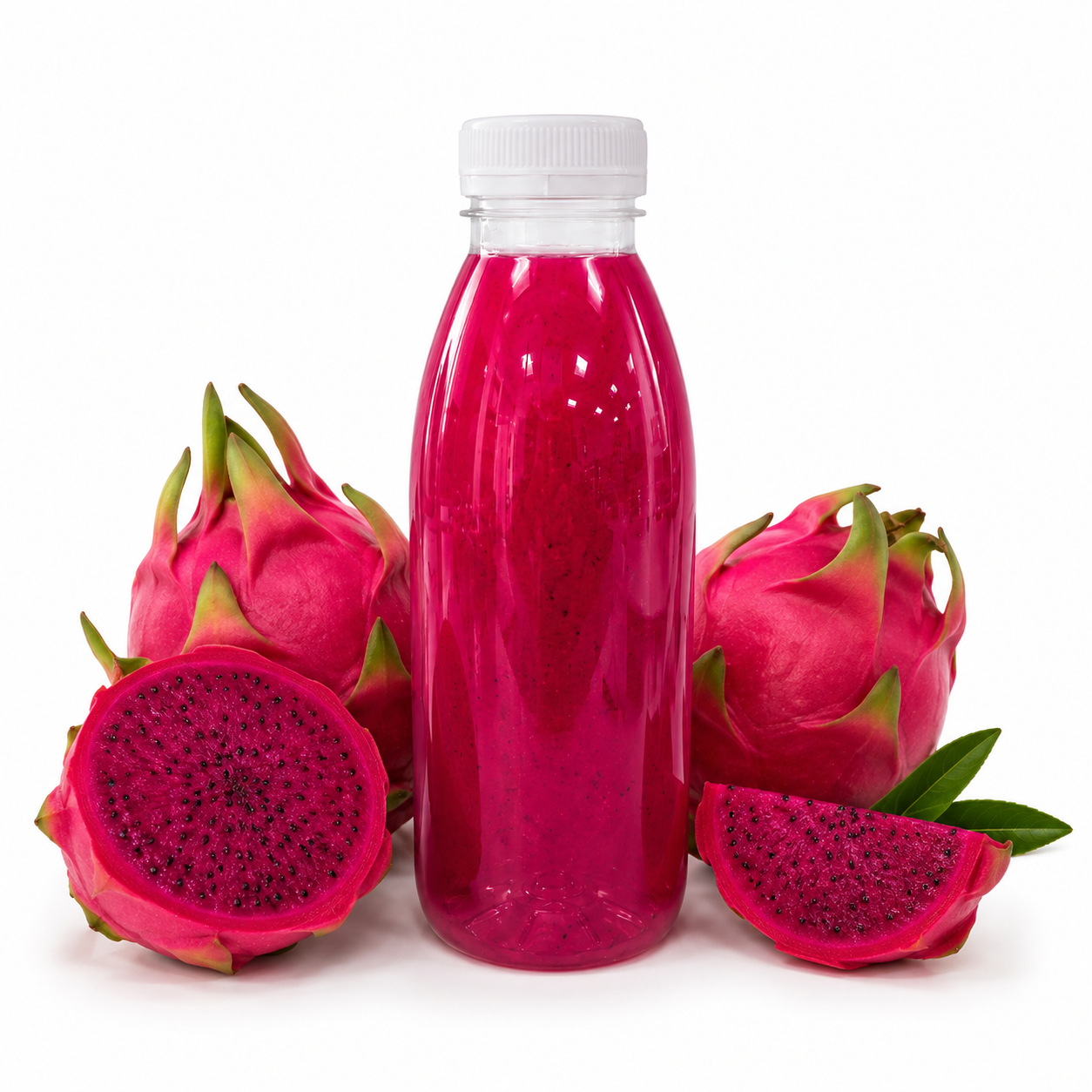 500ml clear PET plastic juice bottle with dragon fruit juice, surrounded by fresh dragon fruit, ideal for smoothies and cold drinks.