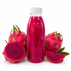 500ml clear PET plastic juice bottle with dragon fruit juice, surrounded by fresh dragon fruit, ideal for smoothies and cold drinks.
