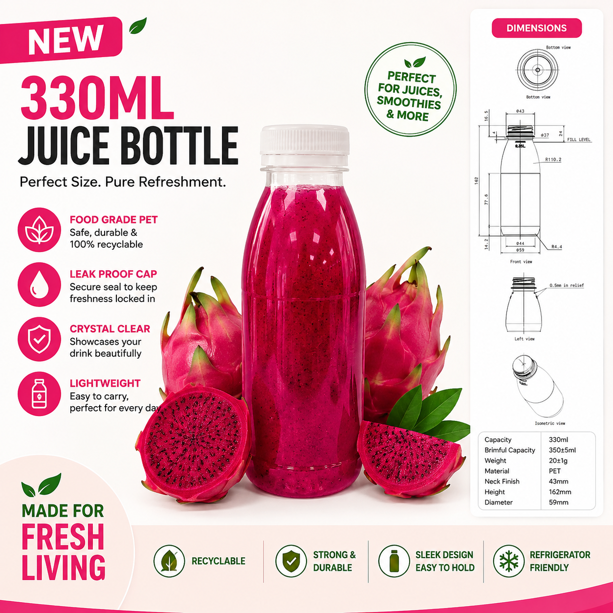 330ml clear PET juice bottle filled with dragon fruit juice, displayed with fresh whole and halved dragon fruit on a white background.