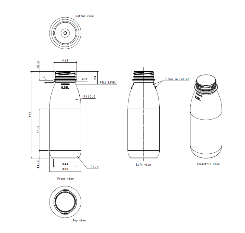 Food Packaging Direct technical drawing of a 330ml clear plastic bottle showing dimensions and views