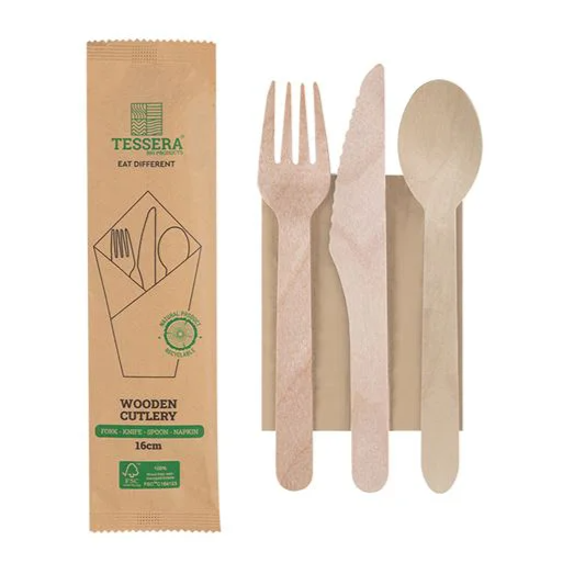 wooden cutlery set with a paper sleeve packaging on a white background. The set includes a light natural wood spoon, a matching wooden knife, and a wooden fork.
