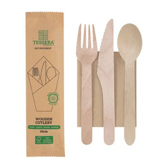 wooden cutlery set with a paper sleeve packaging on a white background. The set includes a light natural wood spoon, a matching wooden knife, and a wooden fork.