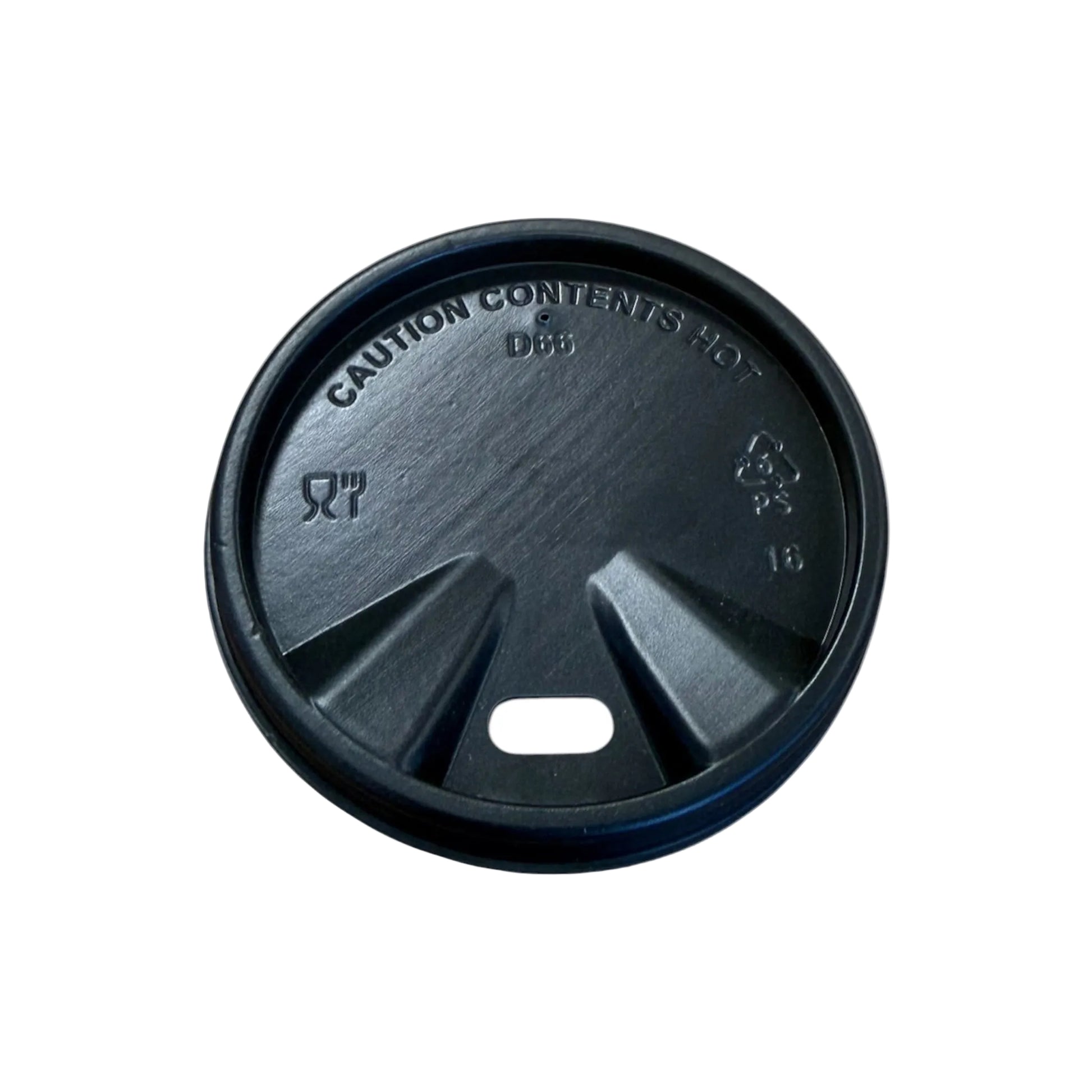 A black plastic coffee cup lid with a central handle cutout and embossed safety text reading 'CAUTION CONTENTS HOT' on a white background.