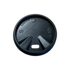A black plastic coffee cup lid with a central handle cutout and embossed safety text reading 'CAUTION CONTENTS HOT' on a white background.