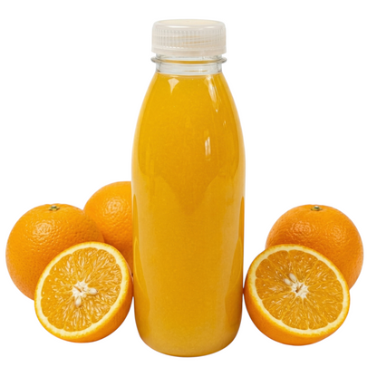 Food Packaging Direct 500ml clear plastic bottle filled with orange juice, surrounded by whole and halved oranges.