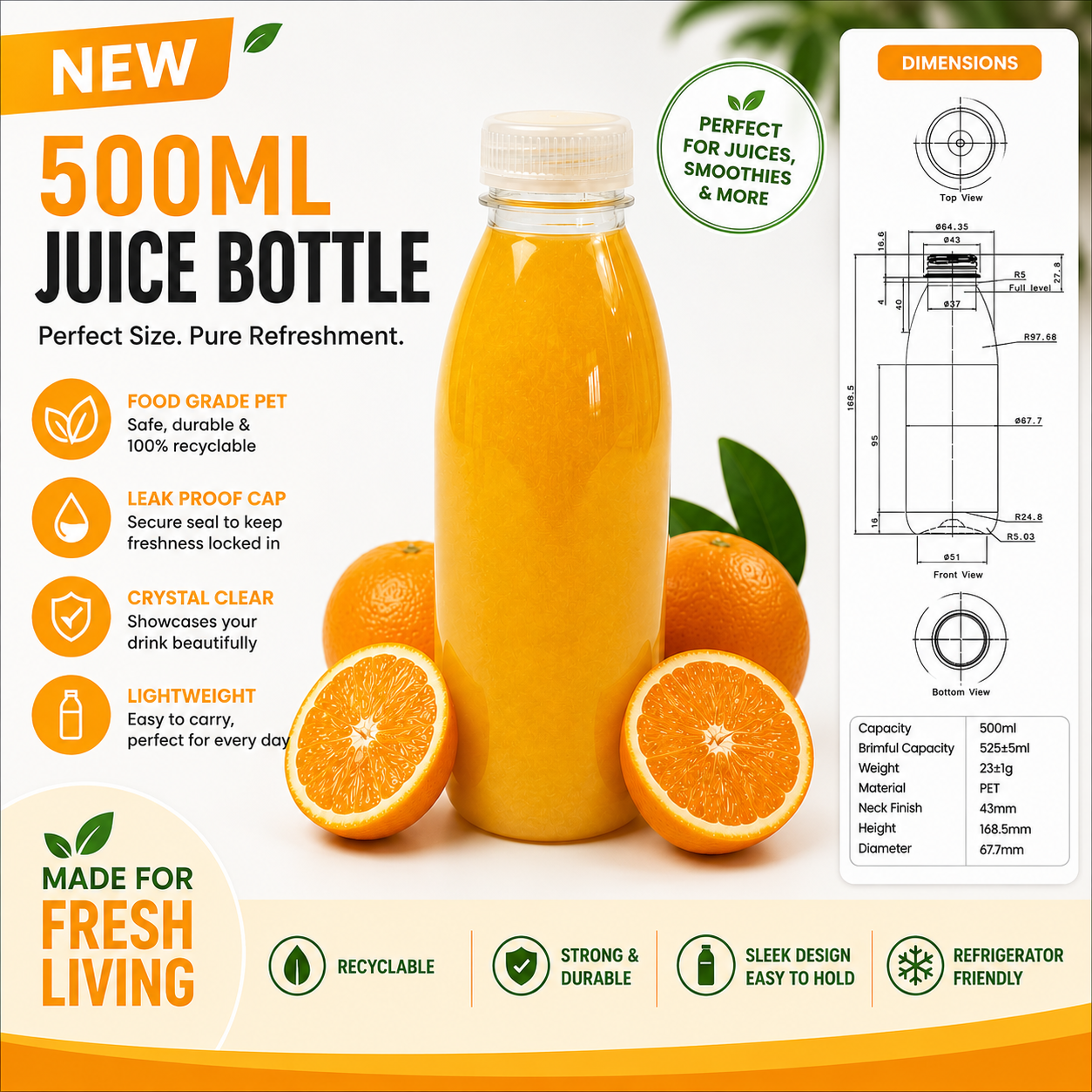 500ml clear PET juice bottle filled with orange juice, surrounded by fresh oranges, with bottle dimensions and product features displayed on a white background.