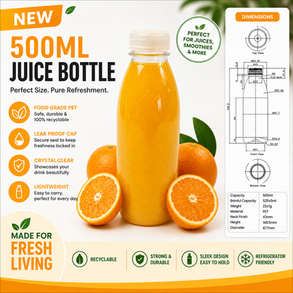 500ml clear PET juice bottle filled with orange juice, surrounded by fresh oranges, with bottle dimensions and product features displayed on a white background.