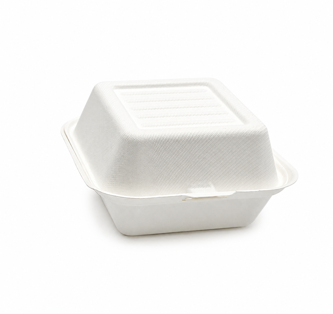Closed 6x6 bagasse burger box on a white background.