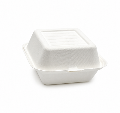 Closed 6x6 bagasse burger box on a white background.