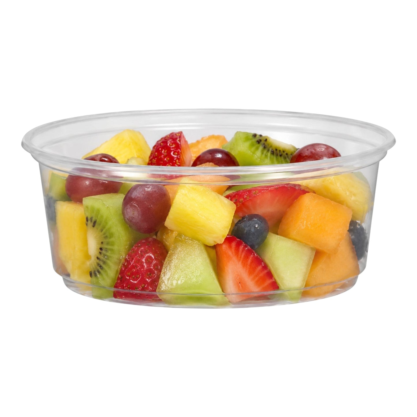A clear plastic round container filled with assorted fresh fruit pieces including strawberries, kiwi, pineapple, grapes, melon, and blueberries on a white background.