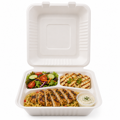 9-inch 3 compartment bagasse plate served with grilled chicken, seasoned rice and fresh salad on a white background.