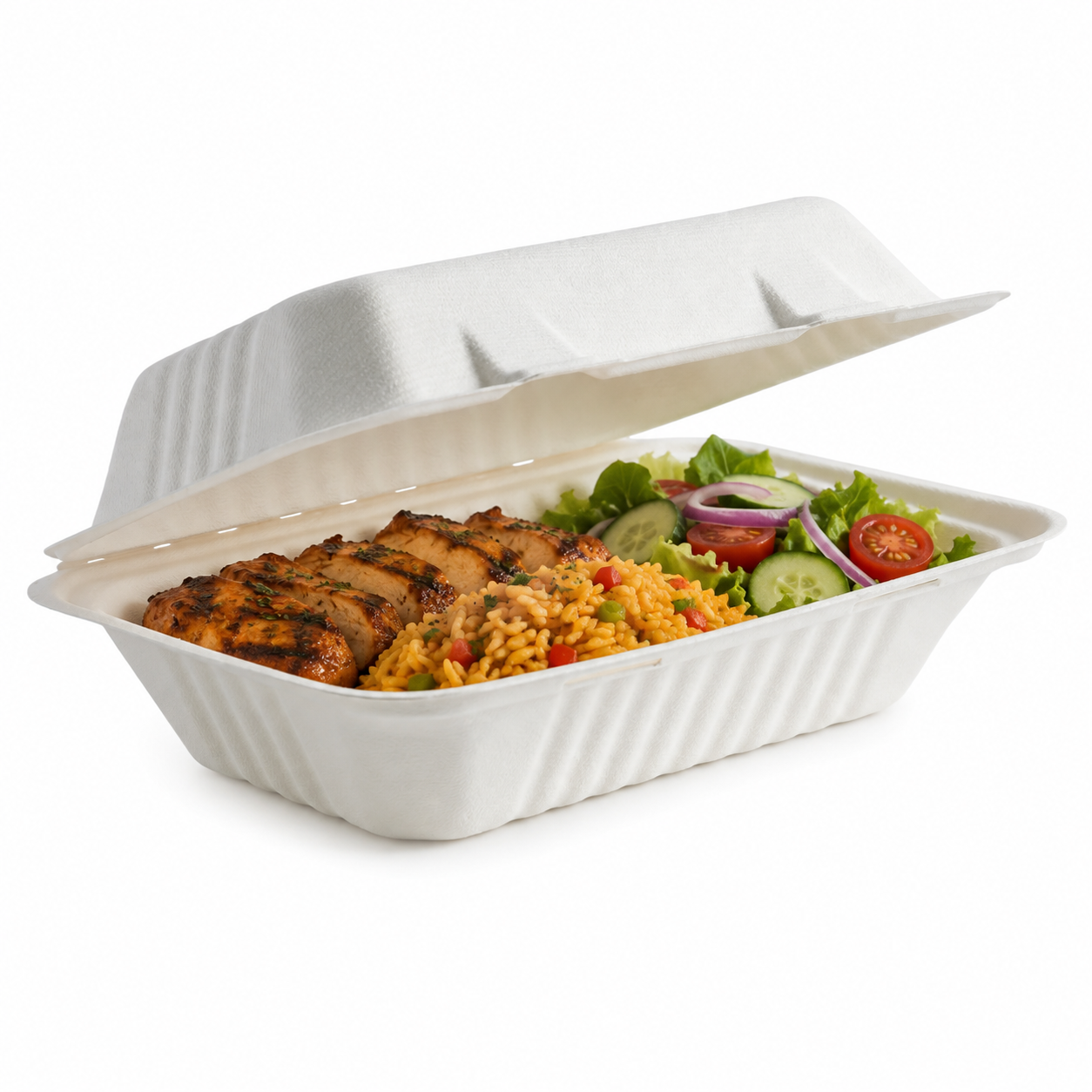 9x6x3 bagasse lunch box filled with grilled chicken, vegetable rice and fresh salad on a white background.
