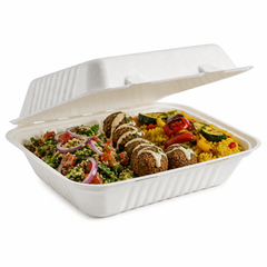 9x9x3 bagasse lunch box filled with falafel, turmeric rice, grilled vegetables and tabbouleh salad on a white background.