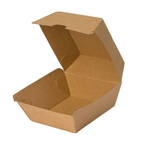 An open brown cardboard food tray or take-out box with a hinged lid, shown on a plain white background.