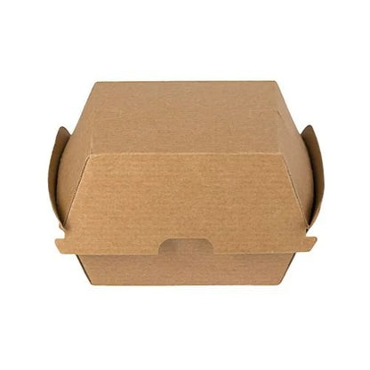 A brown cardboard food box with a hinged lid and side flaps, shown from a top-down view on a plain white background.