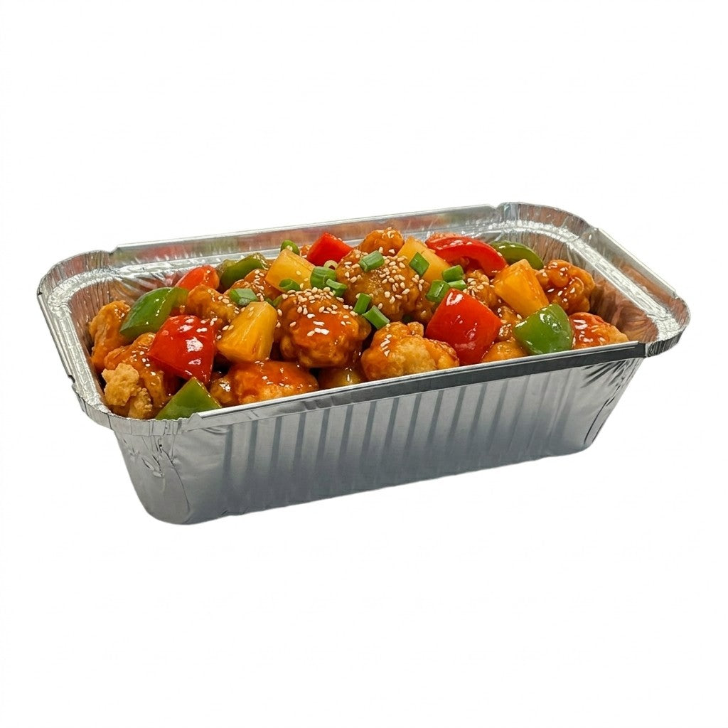 Food Packaging Direct No6a aluminium foil container filled with sweet and sour chicken and vegetables