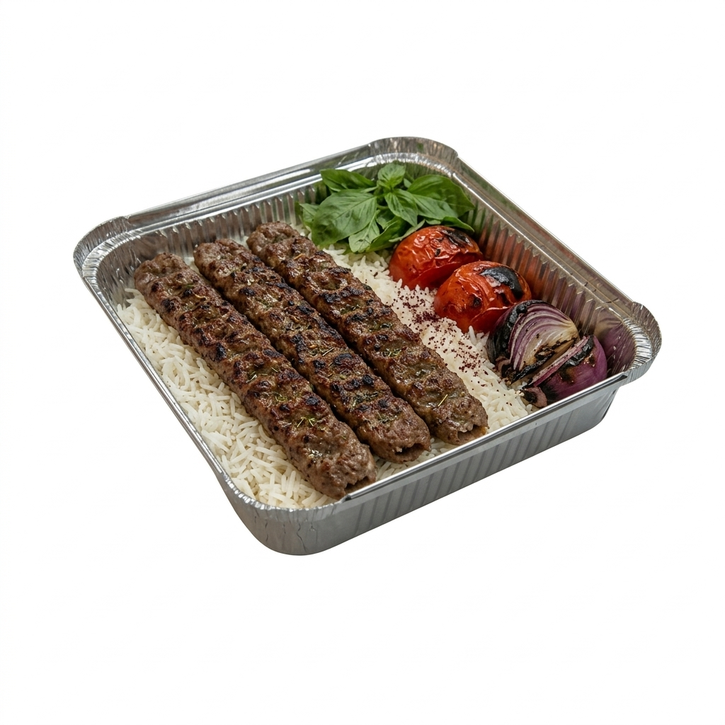 Food Packaging Direct 9x9x1.5 inch aluminium foil takeaway container filled with grilled kebabs, rice, and vegetables.