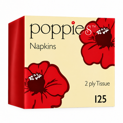 Food Packaging Direct Poppies red 2-ply paper napkins in a cream box with floral poppy print design