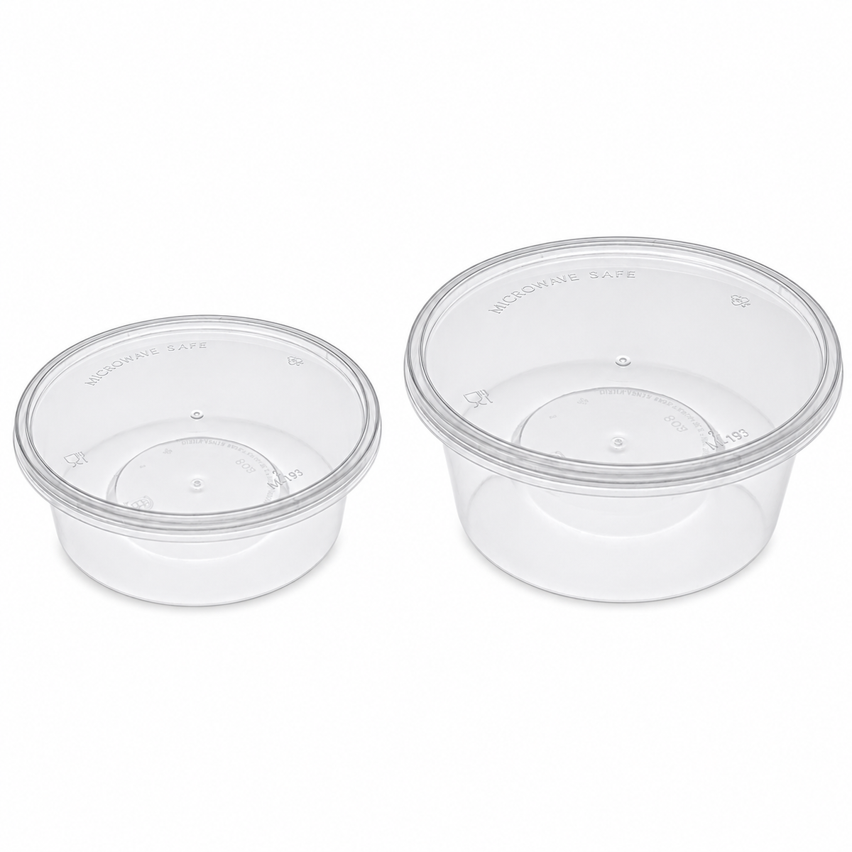 Food Packaging Direct clear plastic round containers with lids in 8oz and 12oz sizes for food storage and takeaway.