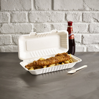Food Packaging Direct extra large bagasse fish and chips box made from compostable sugarcane fibre with food inside
