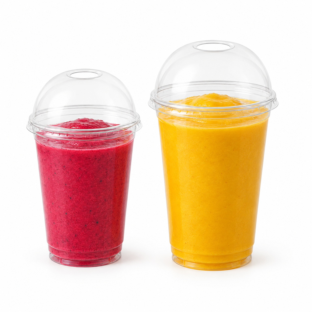 Two clear plastic cups filled with smoothies, one bright red and one bright yellow, shown on a clean white background.