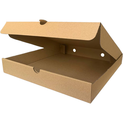 Food Packaging Direct 10-inch plain brown cardboard pizza box with a sturdy hinged lid for food delivery.