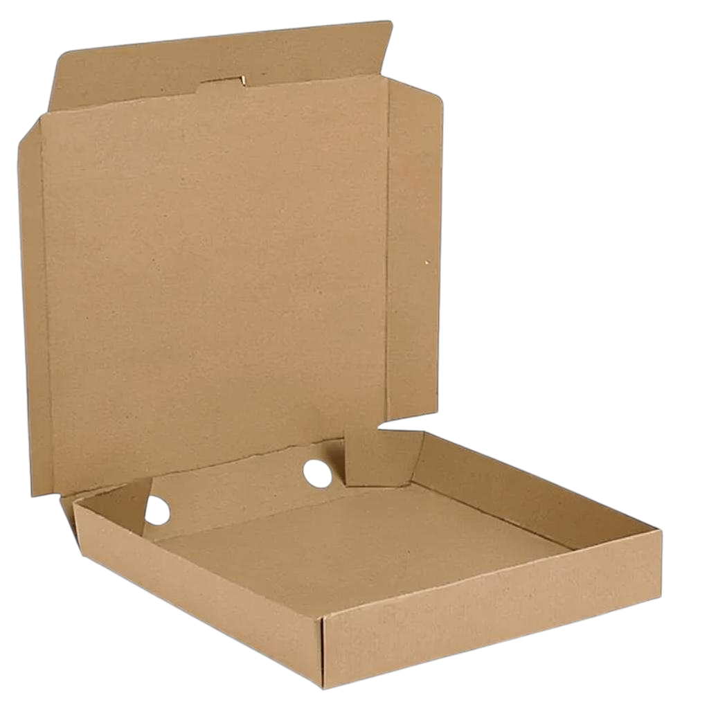 Food Packaging Direct 10-inch plain brown cardboard pizza box with a sturdy, open-lid design for food delivery.