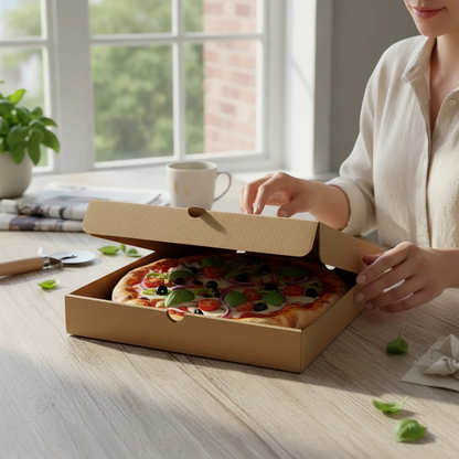 Food Packaging Direct 10-inch plain brown corrugated cardboard pizza box holding a fresh pizza on a wooden table