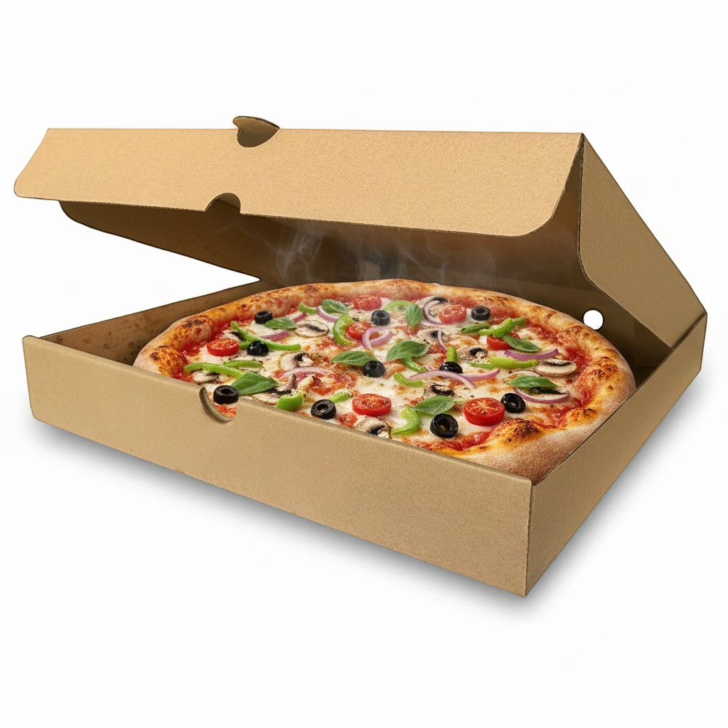 Food Packaging Direct 10-inch plain brown cardboard pizza box containing a fresh vegetable pizza with steam