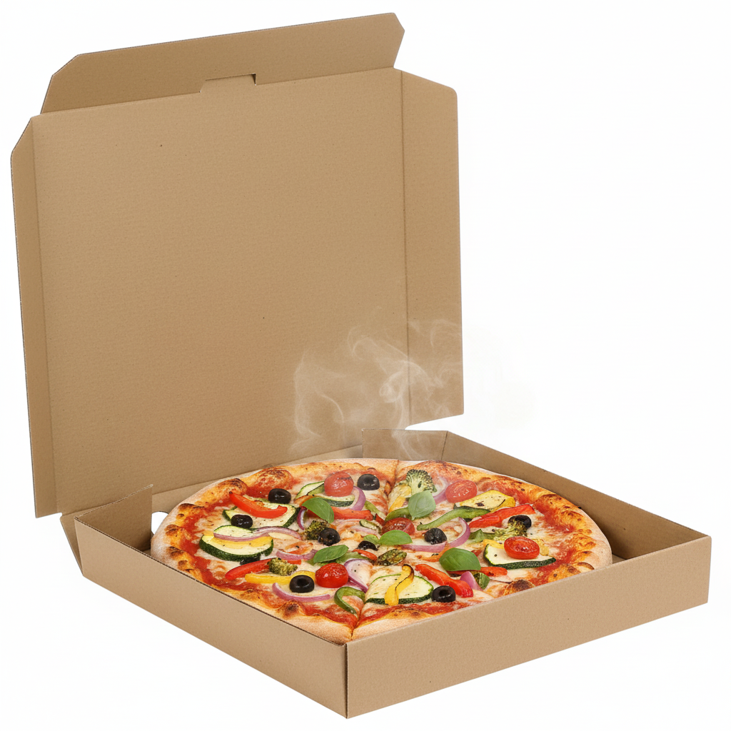 Food Packaging Direct 10-inch plain brown cardboard pizza box containing a fresh vegetable pizza with steam
