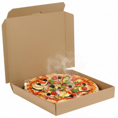 Food Packaging Direct 10-inch plain brown cardboard pizza box containing a fresh vegetable pizza with steam
