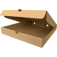 Food Packaging Direct 12-inch plain brown cardboard pizza box with a hinged lid for food delivery