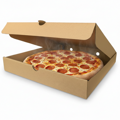 Food Packaging Direct 12-inch plain brown cardboard pizza box containing a steaming pepperoni pizza